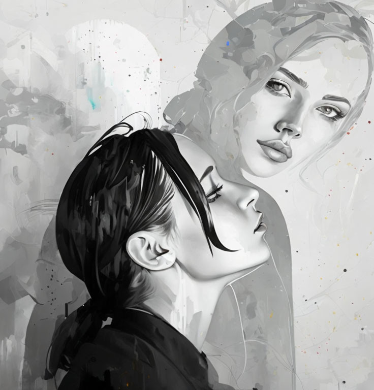 Monochrome artistic illustration of two women with closed eyes and sketched profile face.