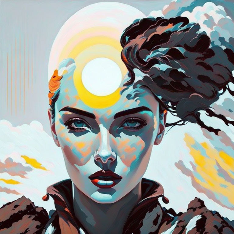 Colorful surreal portrait of a woman with sun motif and cloud-like patterns.