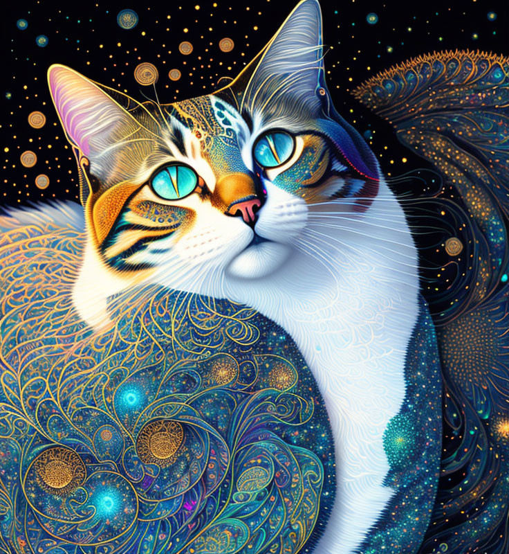 Colorful Digital Artwork: Intricate Cat Design with Celestial Background