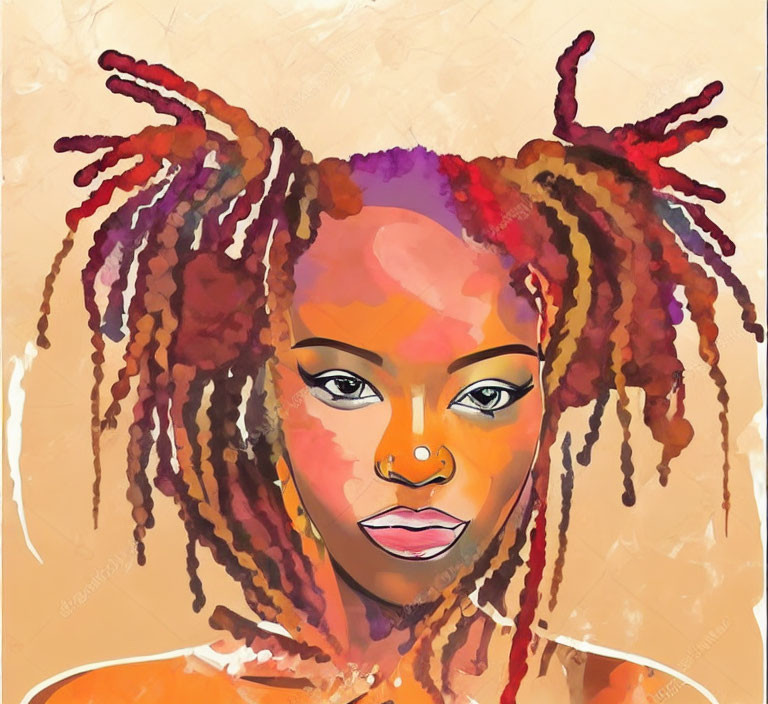 Colorful Dreadlocked Woman with Warm Hues and Thoughtful Gaze