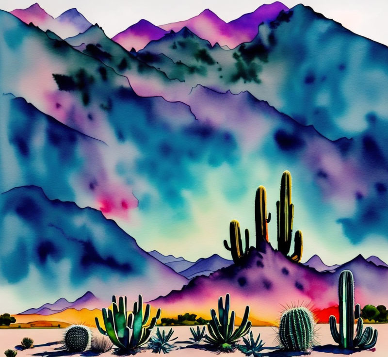 Colorful Desert Landscape with Cacti and Mountains