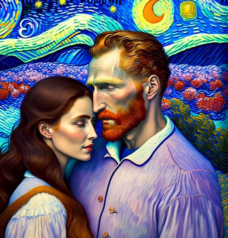 Couple's portrait merged with "Starry Night" in vibrant digital art