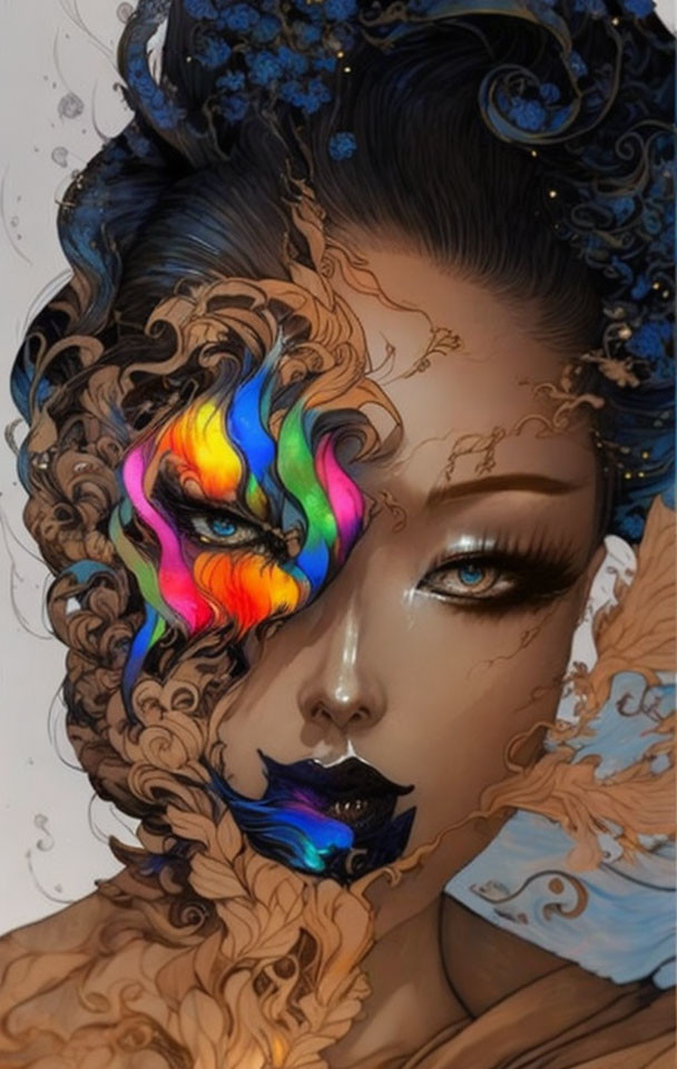 Artistic portrait of a woman with split face and colorful brush strokes