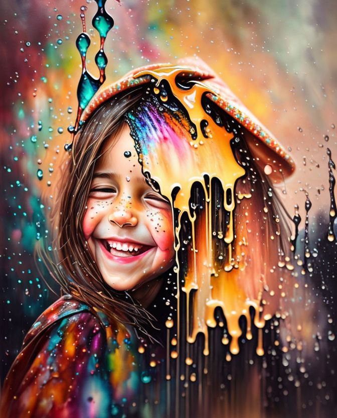 Colorful digital artwork: Joyful girl with melting rainbow paint umbrella