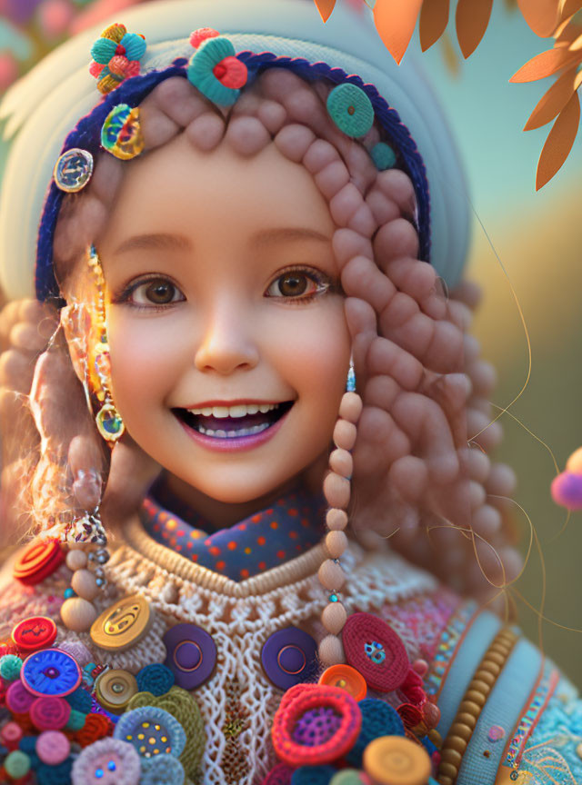 Colorful Beaded Headdress and Button-Adorned Sweater on Smiling Girl