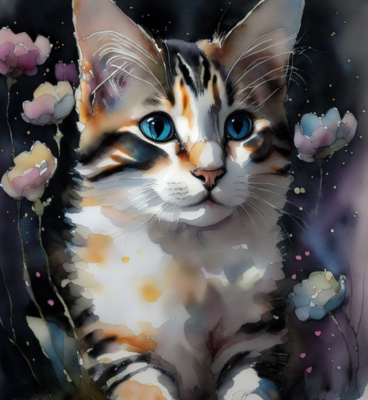 Vibrant watercolor painting of cat with blue eyes and abstract florals