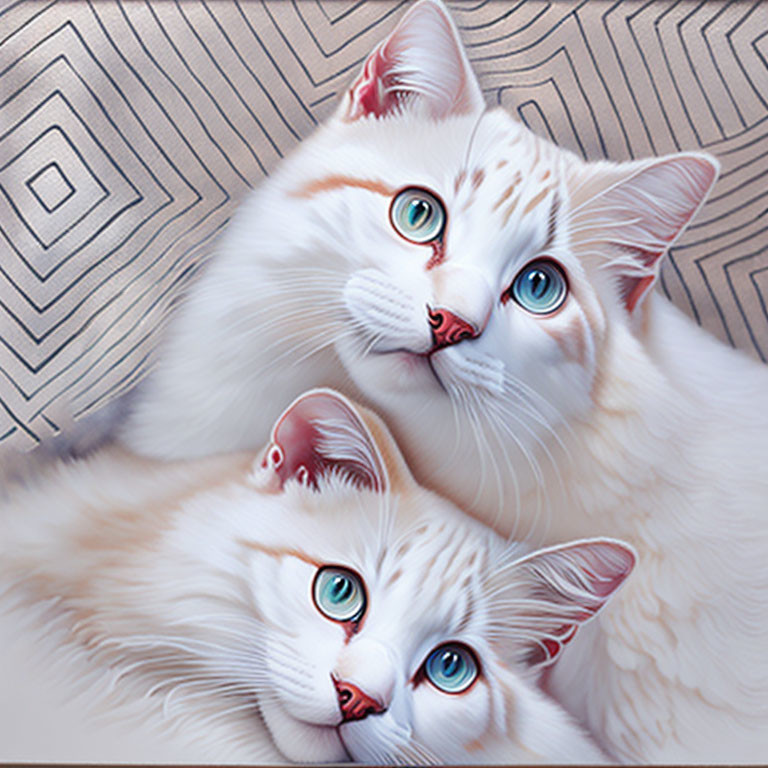 White Cats with Blue Eyes and Orange Markings Cuddling on Geometric Background