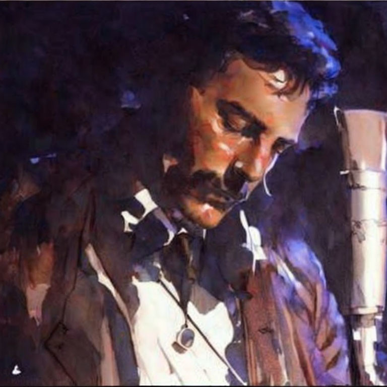 Somber man with microphone in expressive watercolor