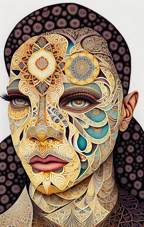 Intricate, colorful patterns on woman's face blend shapes and hues