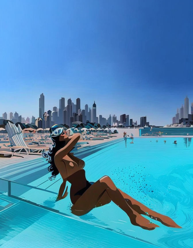 Animated woman in scuba goggles by pool with city skyline backdrop