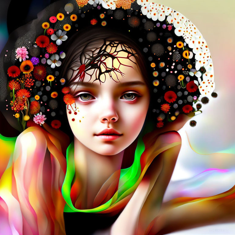 Intricately designed floral headdress on girl in digital art