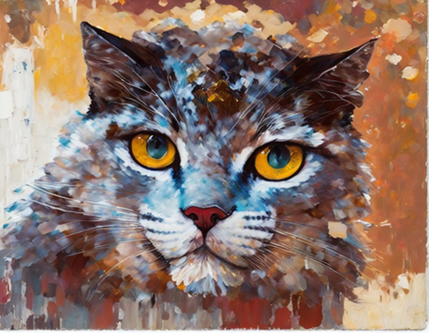 Colorful Cat Painting with Striking Yellow Eyes and Abstract Brush Strokes