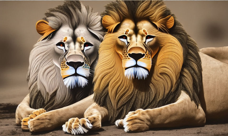 Stylized lions with human-like faces and intricate patterns resting together