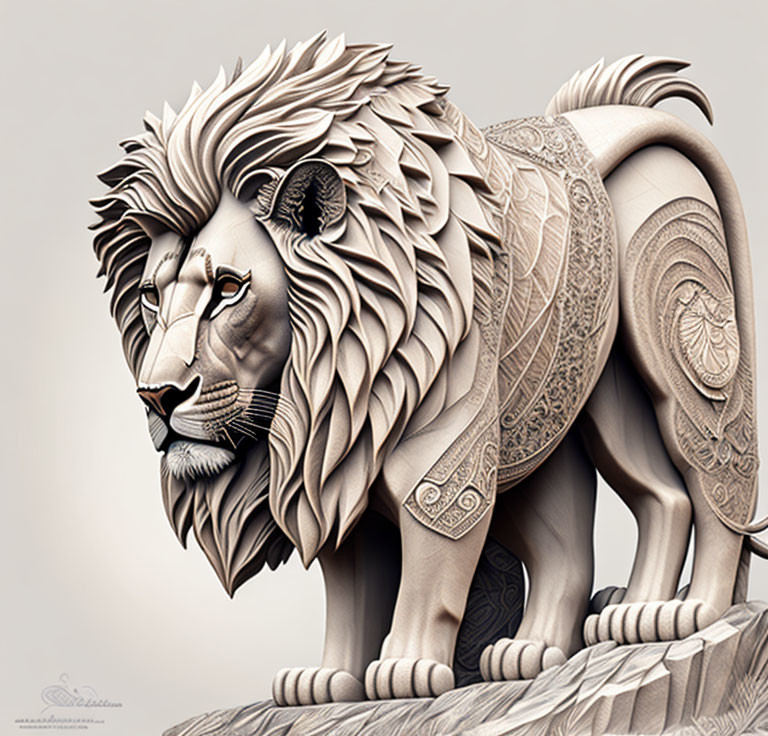 Intricately Carved Lion Statue with Ornate Patterns