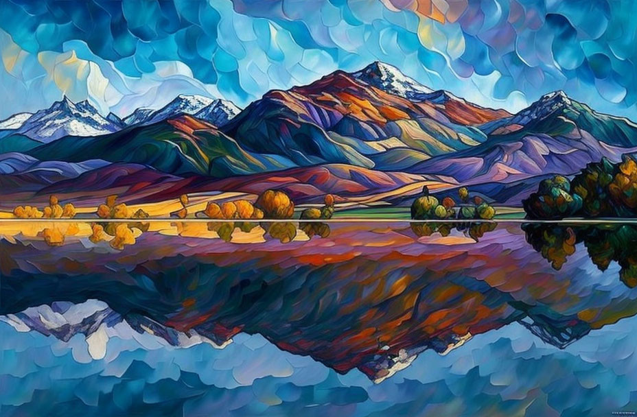 Colorful Stylized Mountain Landscape Reflecting in Serene Lake