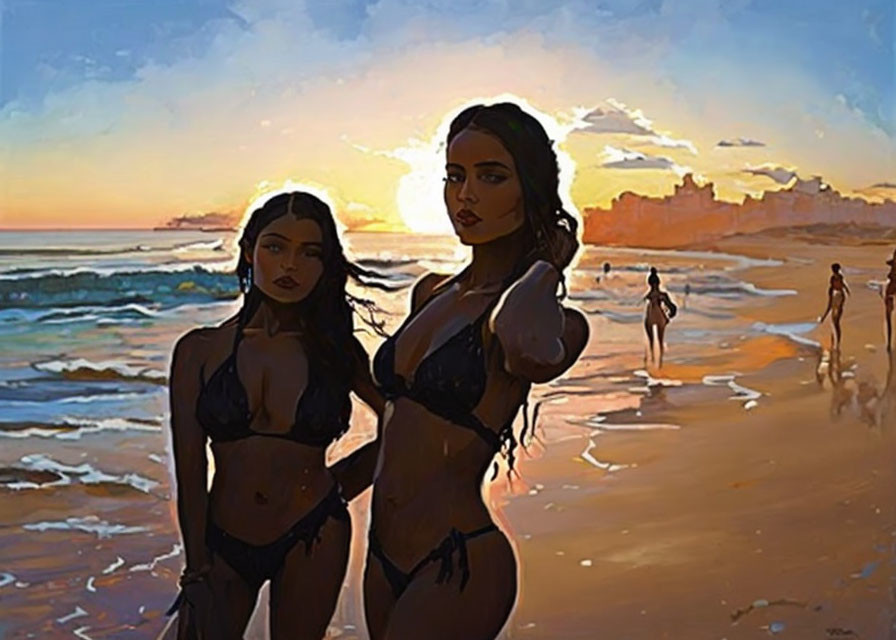 Two Women in Bikinis on Beach at Sunset with Ocean View