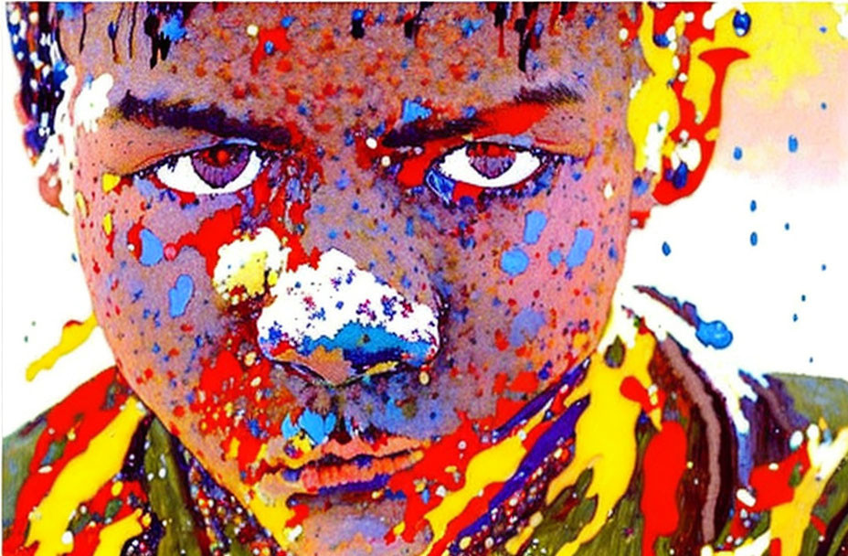 Person's Face Covered in Vibrant Paint Splatters