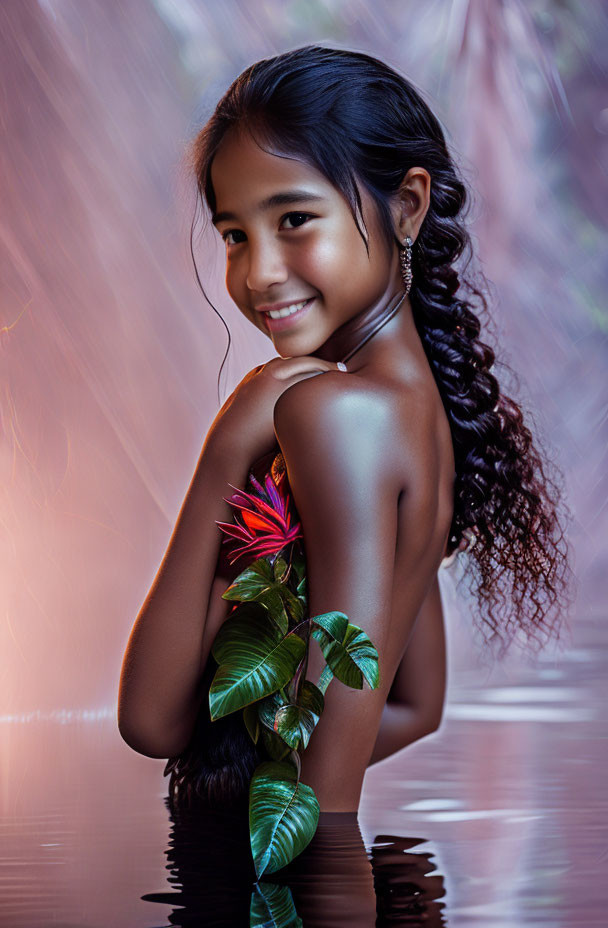 Young girl with gentle smile and red flower in hair against soft-lit backdrop