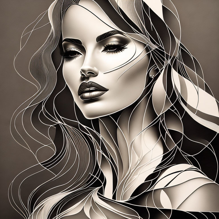 Monochromatic digital illustration of a woman with flowing hair and striking makeup