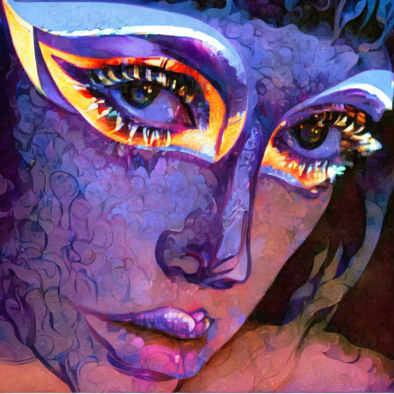 Abstract Face Painting with Stylized Eyes and Mask-Like Appearance in Purple, Blue, and Orange