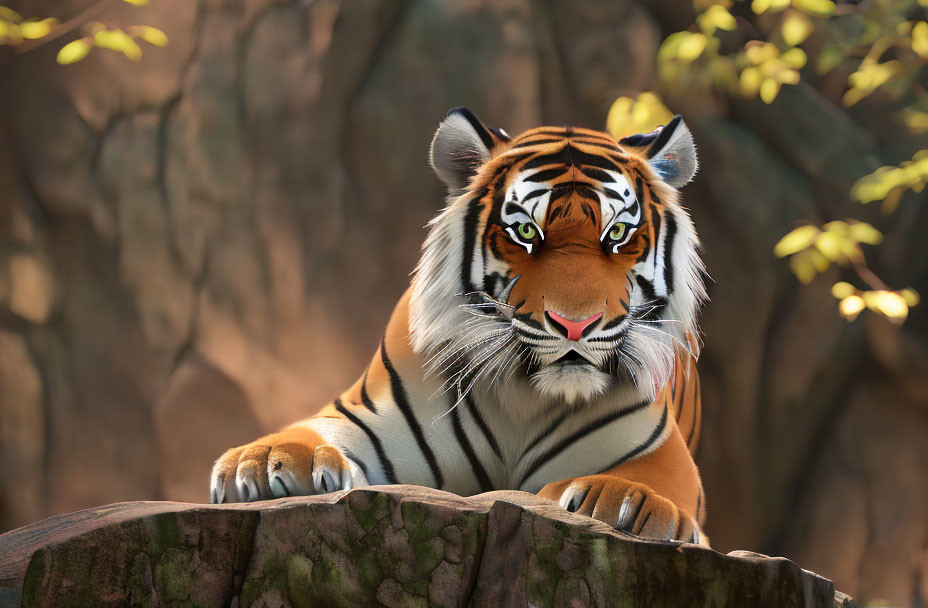 Majestic tiger resting on rock under sunlight and foliage