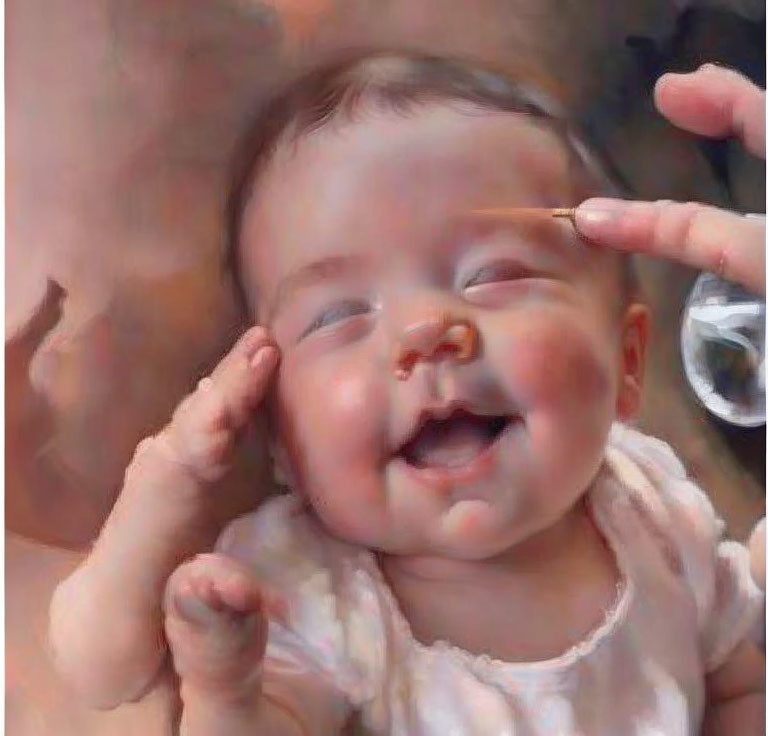 Baby with big smile gets nose touched by adult hand with brush