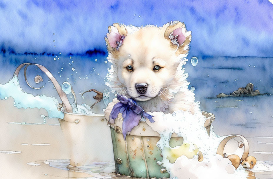 Fluffy puppy bathing in a bucket with rubber duck and spilled water can