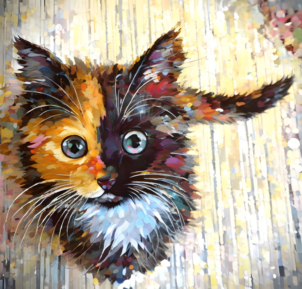 Vibrant kitten painting with orange, black, and white fur