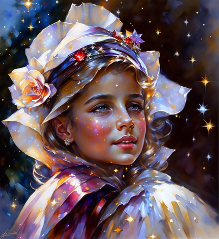 Young girl portrait with sparkling stars, white hat, flower adornment