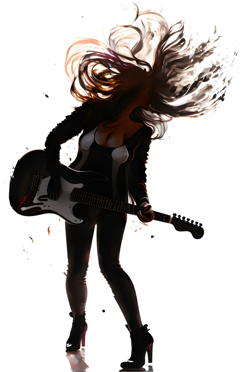 Silhouette of Woman Playing Electric Guitar in Warm Colors