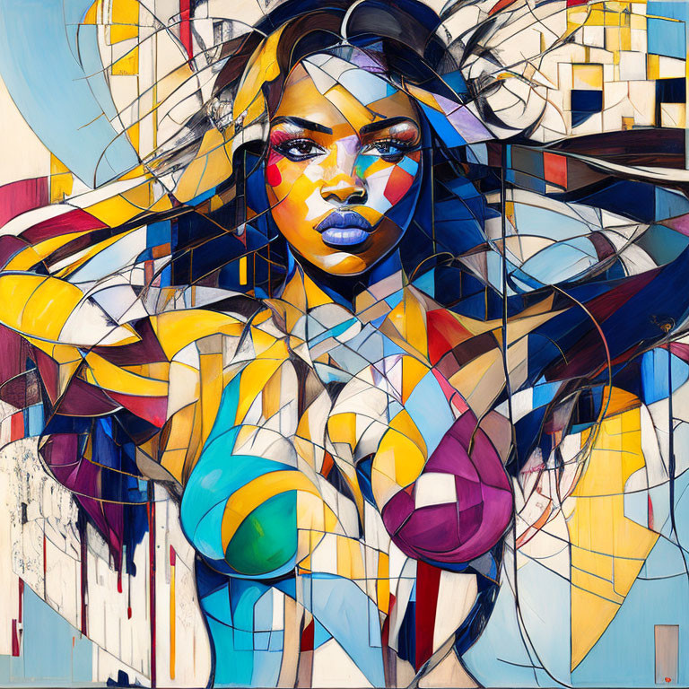 Vibrant abstract portrait of a woman with geometric patterns and dynamic lines