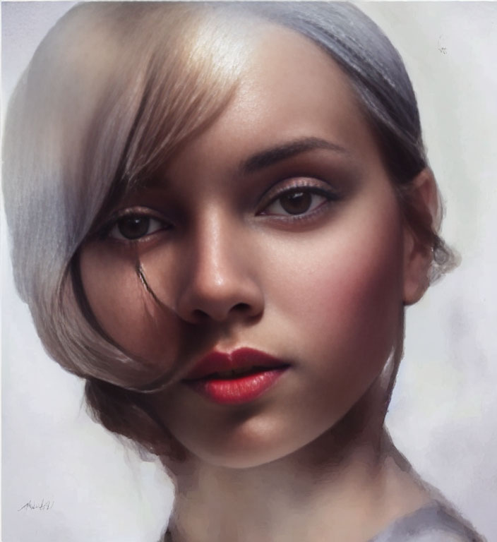 Silver-grey bob hairstyle, red lipstick, and rosy cheeks portrait.