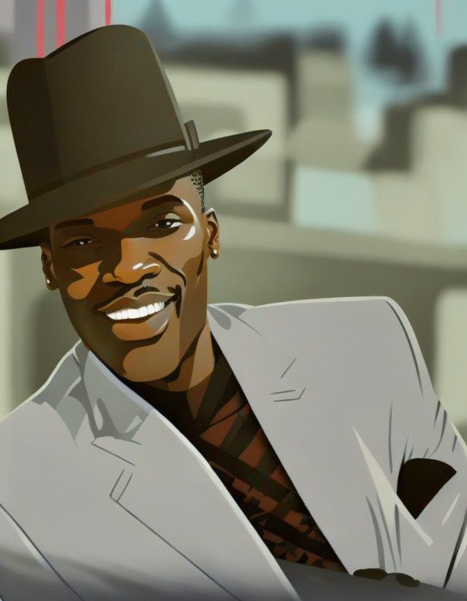 Smiling man in hat and white blazer against cityscape