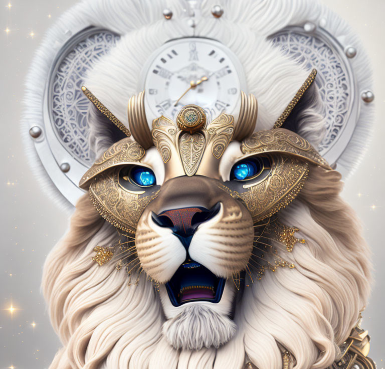 Digital artwork: Lion face merged with clock and jewelry elements