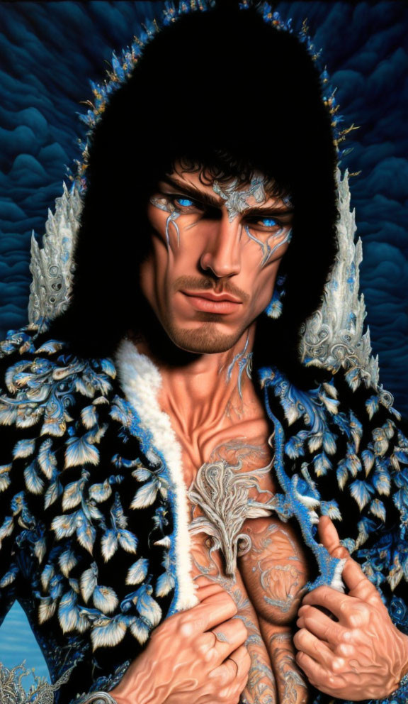 Man with blue facial markings in fur-lined coat against feathered backdrop