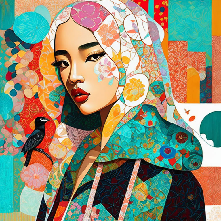 Vibrant digital artwork: Woman in hijab with bird and colorful patterns