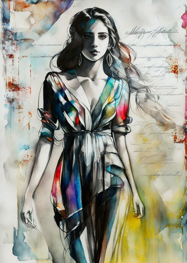 Colorful Watercolor Illustration of Woman in Flowing Dress with Abstract Designs