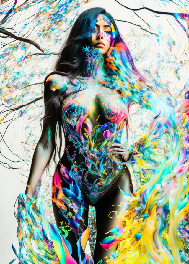 Vibrant paint splashes blend with woman's flowing hair