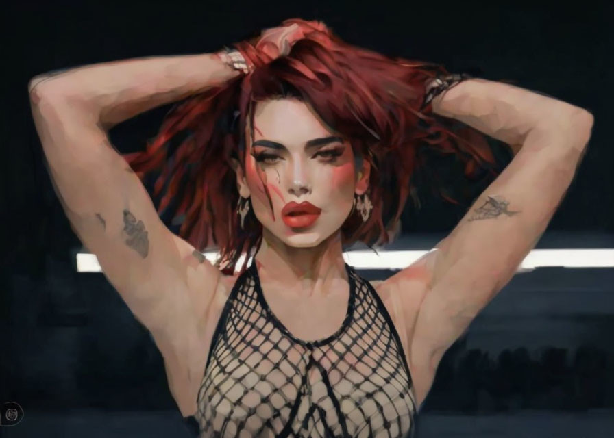 Red-haired woman with tattoos in black mesh top against dark backdrop