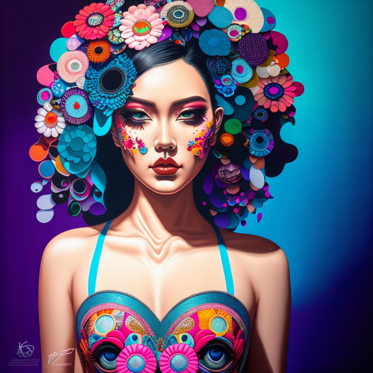 Colorful digital artwork: Woman with floral headpiece and face paint on gradient background