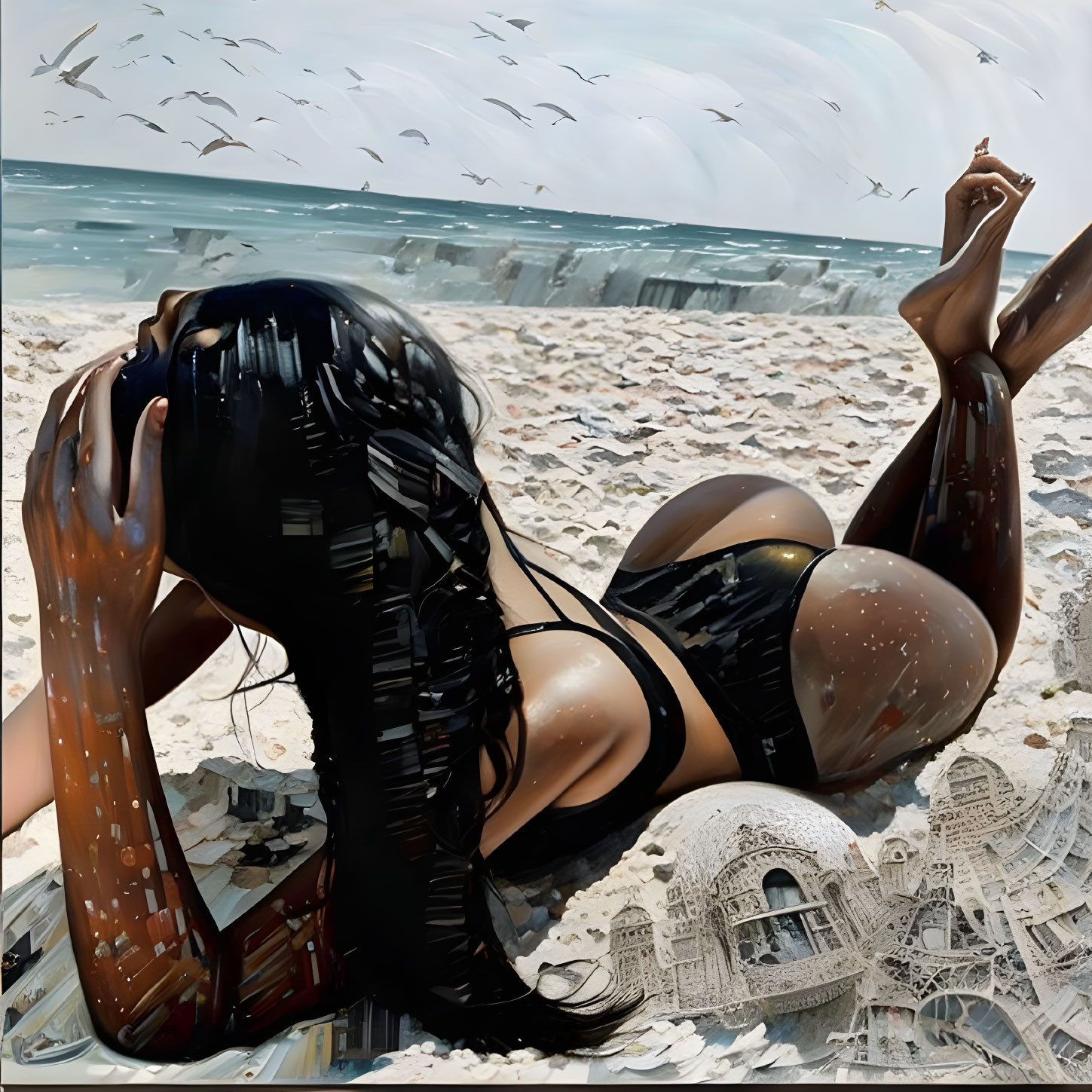 Woman in black swimsuit on sandy beach with surreal architecture and seagulls.