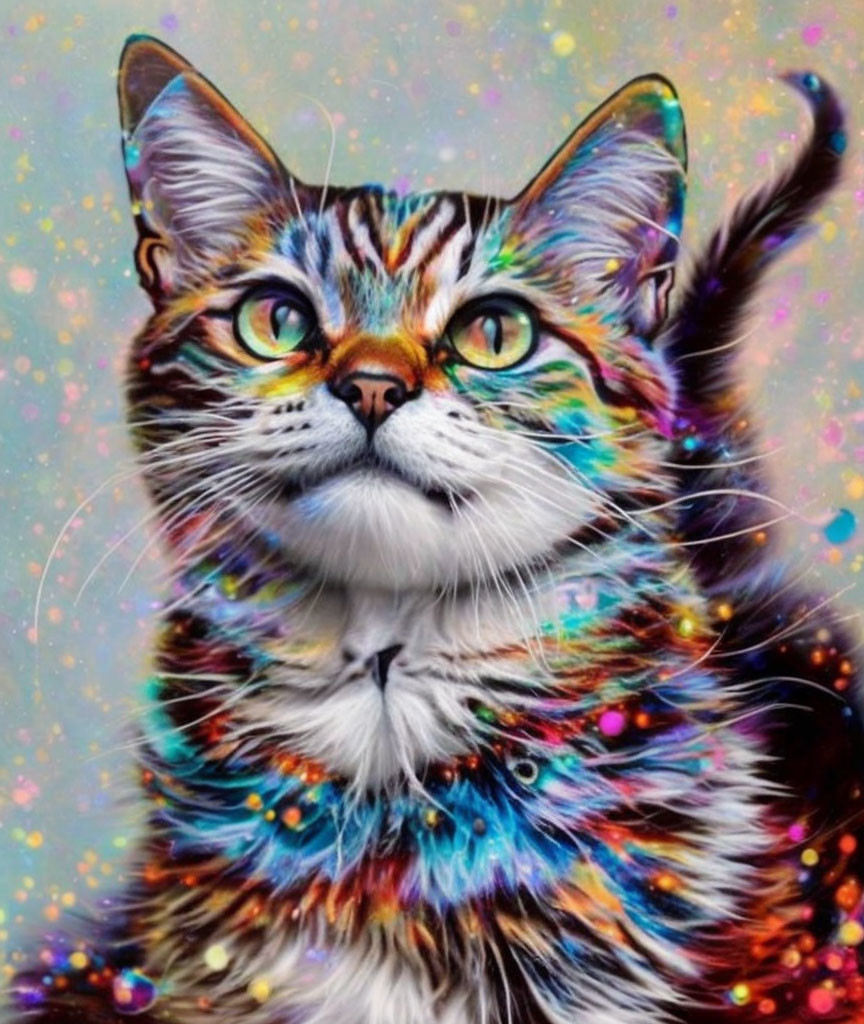 Vivid multicolored cat illustration on glittery background