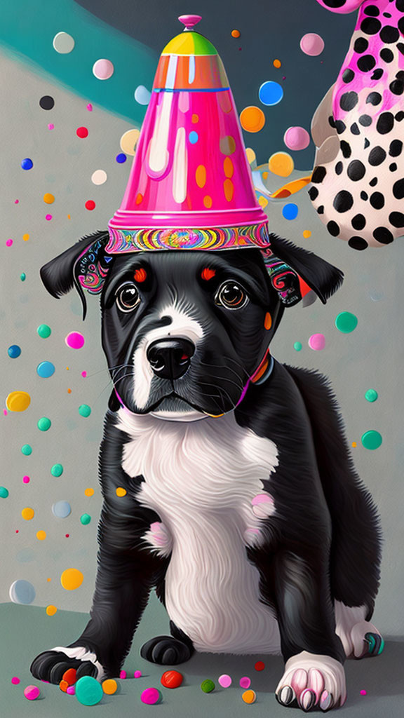 Adorable black and white puppy with pink party hat and confetti on gray background