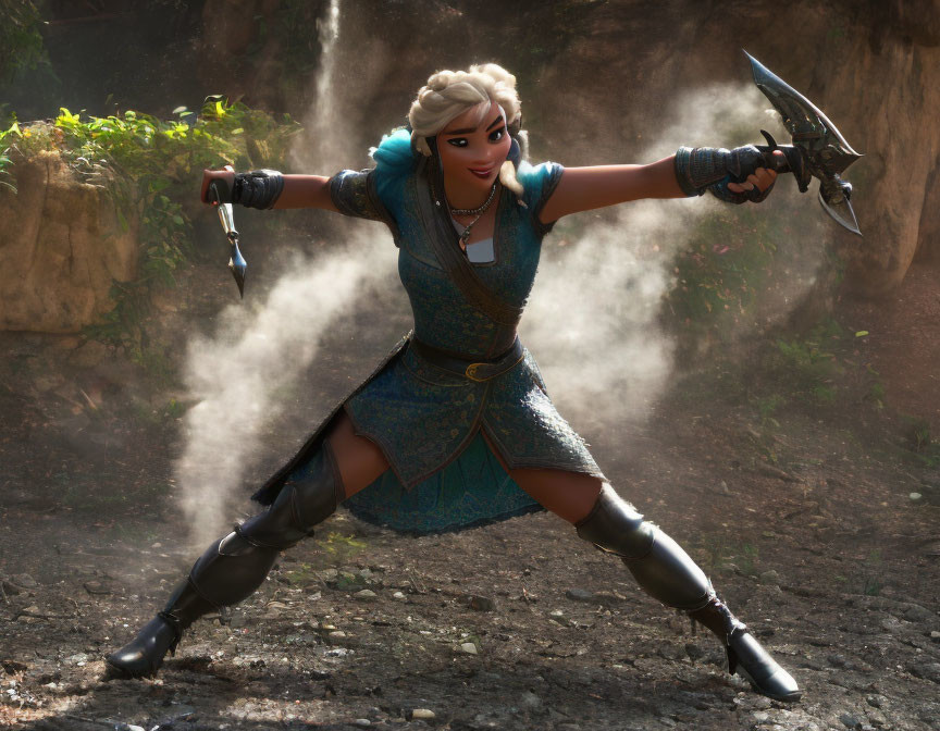 Defensive female character with two swords in blue outfit