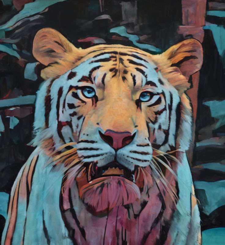 Colorful Tiger Painting with Blue Stripes and Intense Gaze
