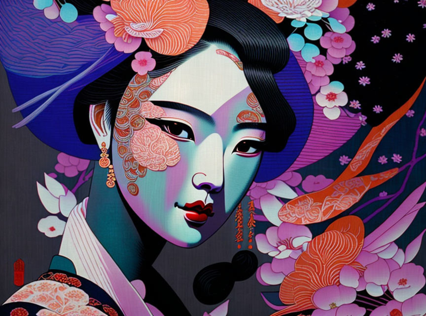 Stylized woman with geisha-like makeup in vibrant floral setting