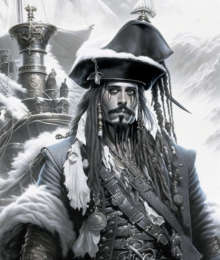 Illustration of pirate captain with tricorne hat and dreadlocks in snowy setting