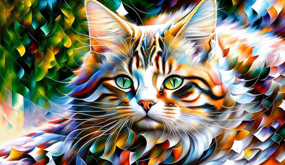 Colorful digital artwork of a cat with vibrant fur patterns and green eyes on kaleidoscopic backdrop