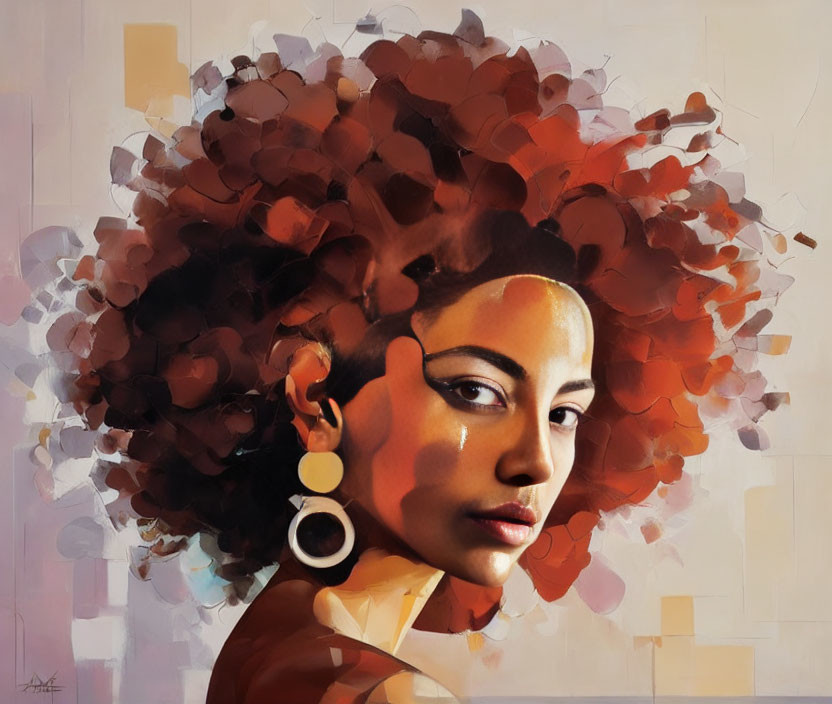 Portrait of woman with voluminous afro in shades of brown and red