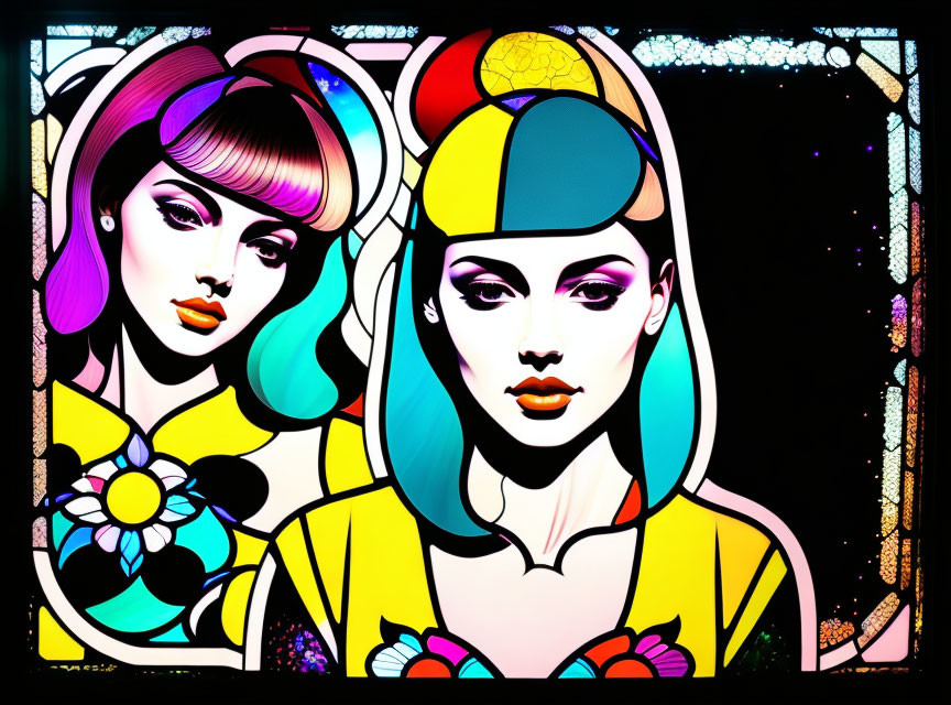 Vibrant illustration of two women with modern hairstyles in stained glass design